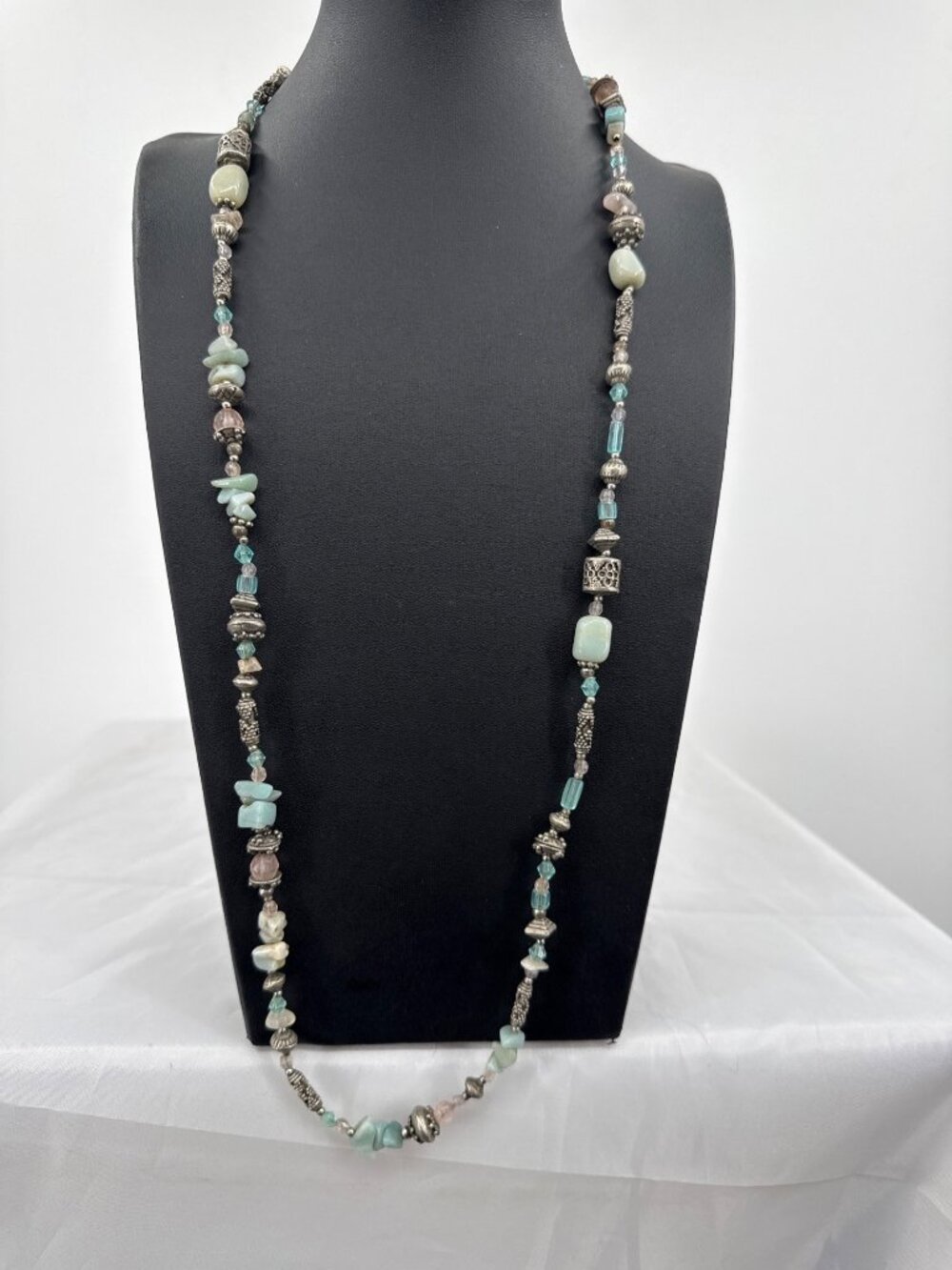 Vintage Cookie Lee Long Boho Gemstone Beaded Necklace Pastel Earthy Silver
